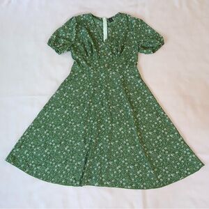 Green Floral V Neck Puff Sleeve Dress, L